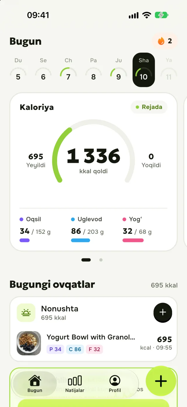 NokPal bosh ekrani: kunlik kaloriya halqasi va makrolar